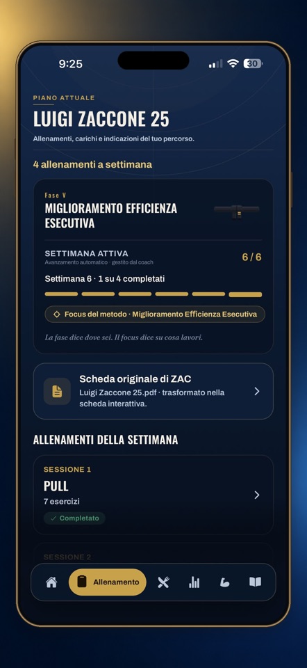 Anteprima dell'app: scheda e allenamenti della settimana